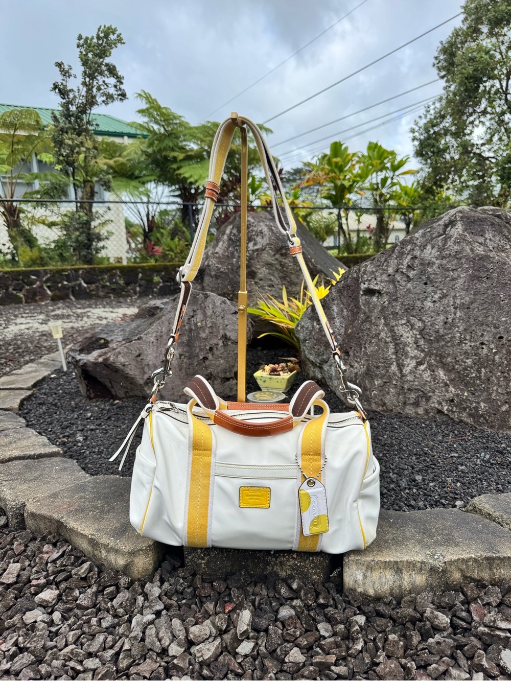 Coach White & Yellow Leatherware Convertible Duffel Satchel Crossbody Bag 2006